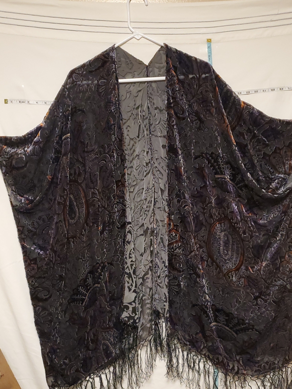 Jiva Silk Burn Out Velvet Kimono Robe In Grey & Black Fringe Wirchy Gothic
